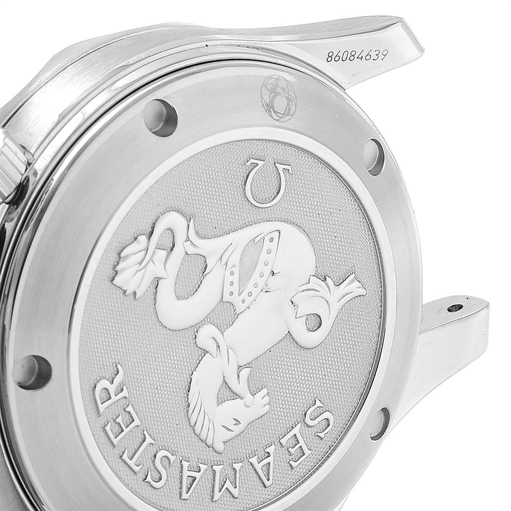 The image shows the back case of an Omega Seamaster 212.30.36.20.01.001 Stainless Steel Black Dial 212.30.36.20.01.001 Stainless Steel Black Dial watch at an angle, highlighting its design and engraved text.