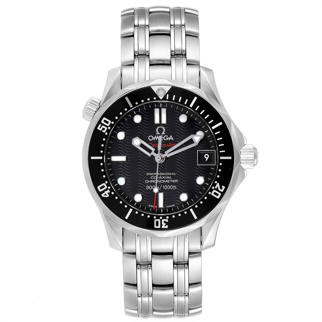 The image shows a front view of an Omega Seamaster 212.30.36.20.01.001 Stainless Steel Black Dial 212.30.36.20.01.001 Stainless Steel Black Dial model, highlighting its dial, bezel, and stainless steel bracelet.