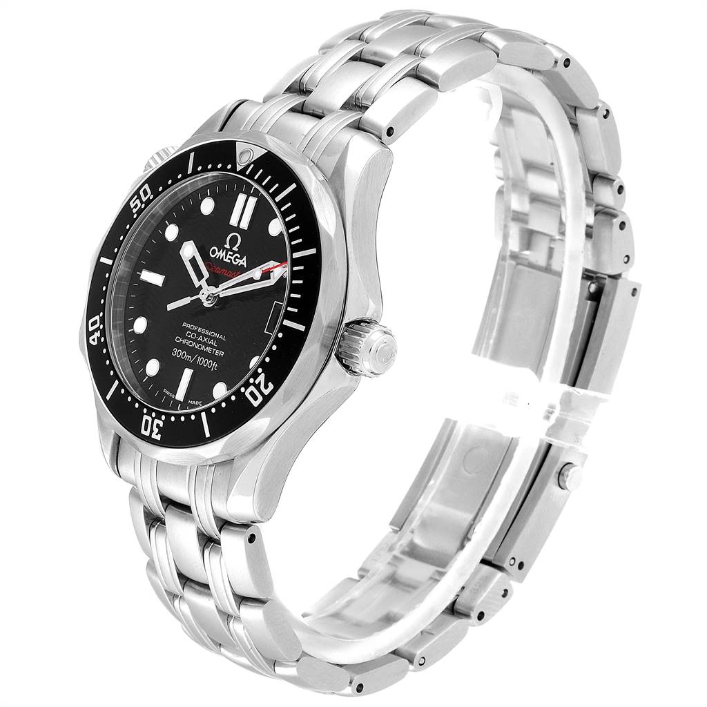 The Omega Seamaster 212.30.36.20.01.001 Stainless Steel Black Dial 212.30.36.20.01.001 Stainless Steel Black Dial watch is shown at a three-quarter angle, displaying its stainless steel bracelet, bezel, crown, and dial.