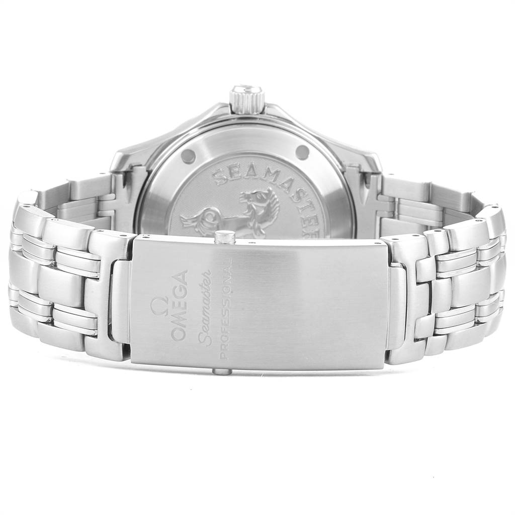 The image shows the back view of an Omega Seamaster 212.30.36.20.01.001 Stainless Steel Black Dial 212.30.36.20.01.001 Stainless Steel Black Dial watch, highlighting the clasp, bracelet, and case back with engraving.