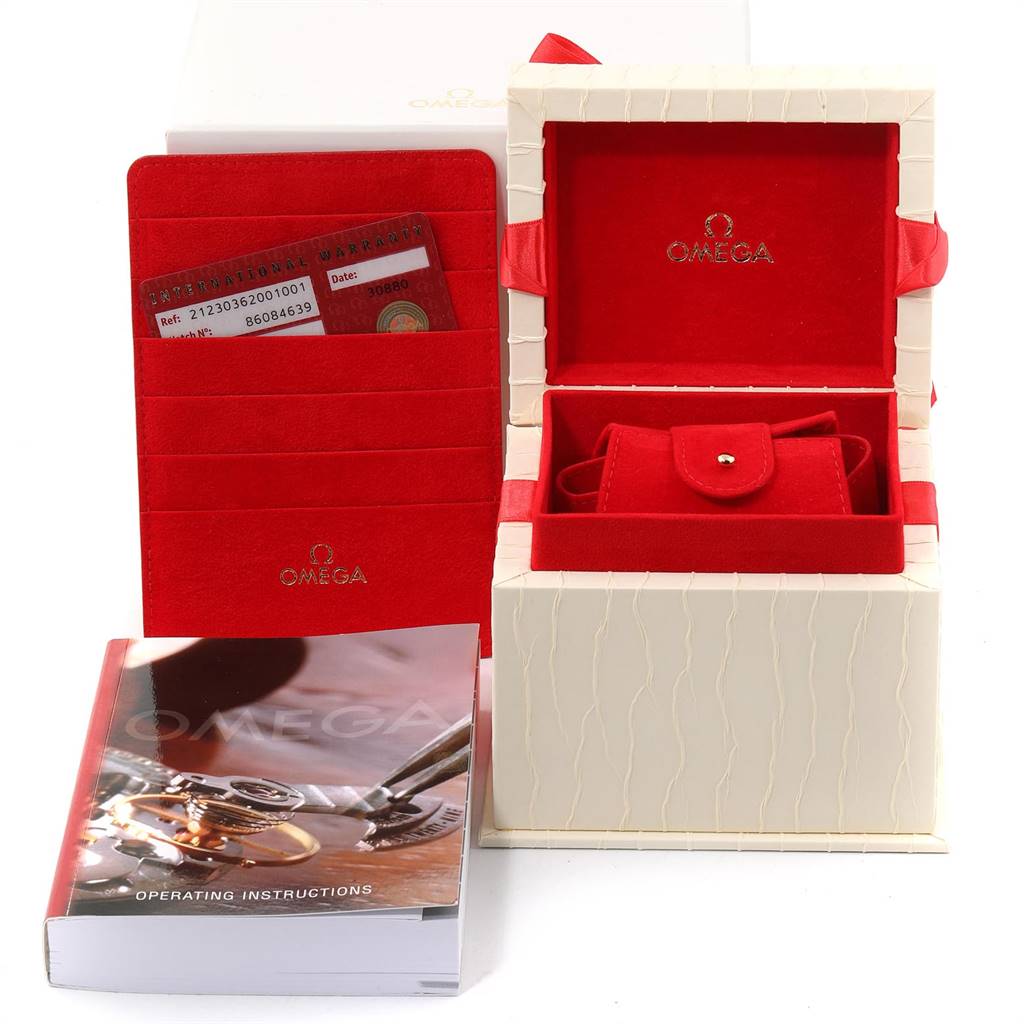 The image shows the box, instruction booklet, cardholder with the warranty card, and a travel case for the Omega Seamaster 212.30.36.20.01.001 Stainless Steel Black Dial 212.30.36.20.01.001 Stainless Steel Black Dial.