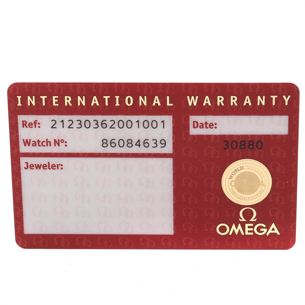 The image shows an Omega International Warranty card for a Seamaster model watch with details like reference number and watch number.