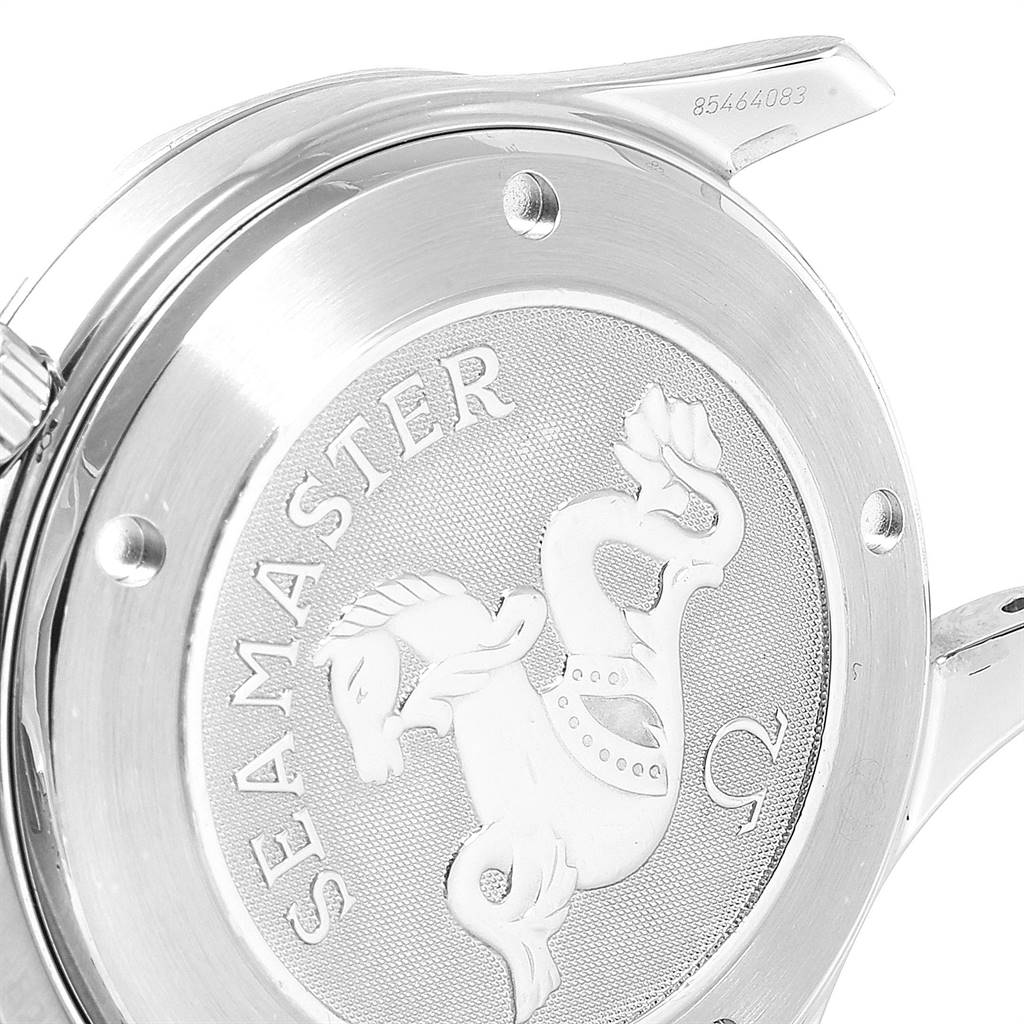 The image shows a close-up of the back case of an Omega Seamaster 212.30.41.20.01.002 Men
s Stainless Steel Black Dial 212.30.41.20.01.002 Men
s Stainless Steel Black Dial watch.