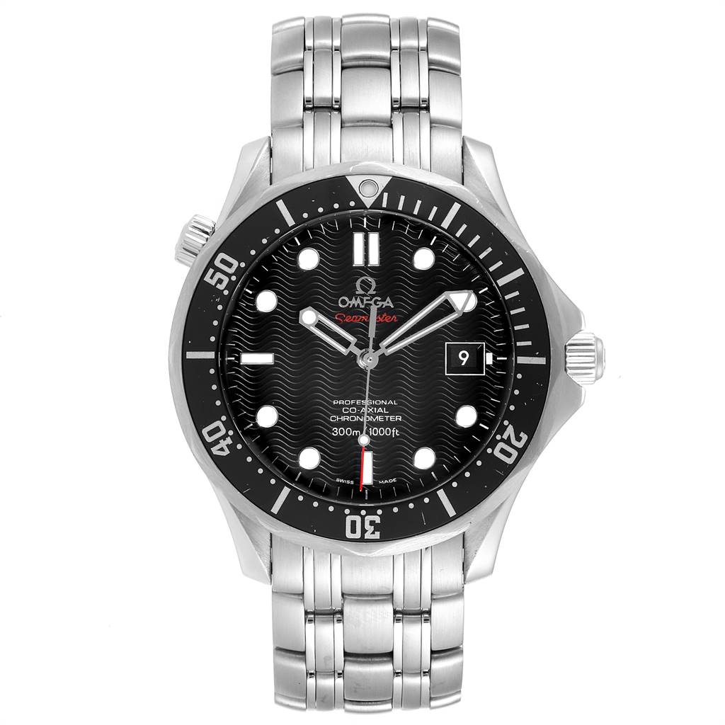 The image shows a front view of an Omega Seamaster 212.30.41.20.01.002 Men
s Stainless Steel Black Dial 212.30.41.20.01.002 Men
s Stainless Steel Black Dial watch, displaying its dial, bezel, crown, and bracelet.
