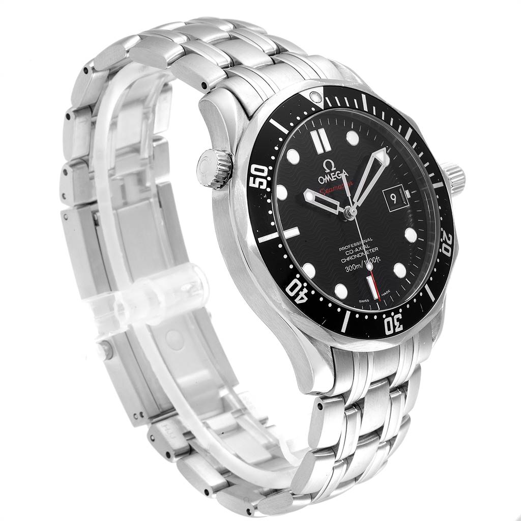 The Omega Seamaster 212.30.41.20.01.002 Men
s Stainless Steel Black Dial 212.30.41.20.01.002 Men
s Stainless Steel Black Dial watch is shown at a 3/4 angle, highlighting the face, bezel, crown, and stainless steel bracelet.