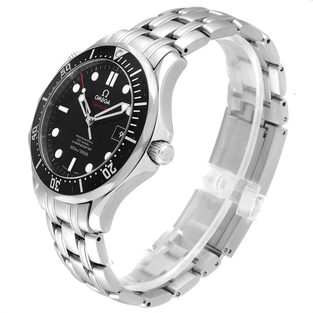 The Omega Seamaster 212.30.41.20.01.002 Men
s Stainless Steel Black Dial 212.30.41.20.01.002 Men
s Stainless Steel Black Dial watch is shown from a side angle focusing on the face, bezel, crown, and bracelet.