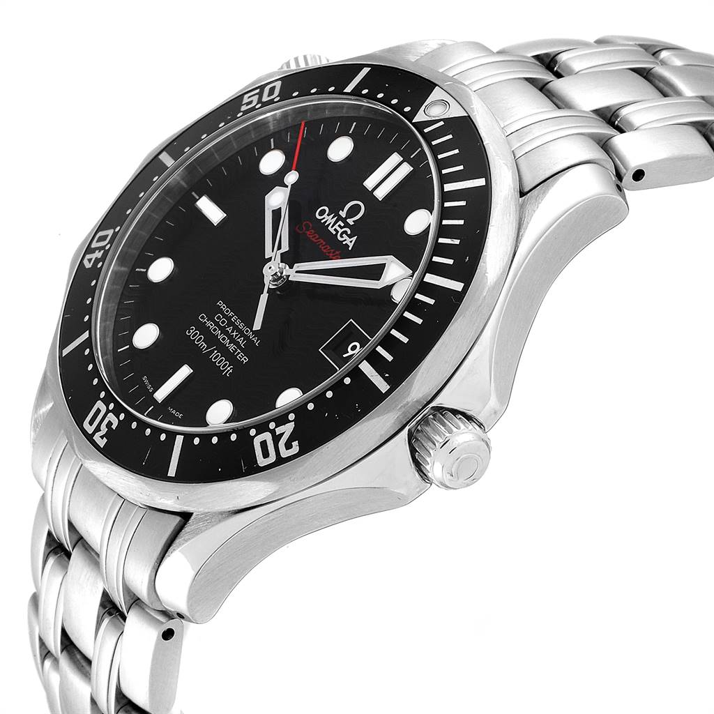 The image shows a side angle of an Omega Seamaster 212.30.41.20.01.002 Men
s Stainless Steel Black Dial 212.30.41.20.01.002 Men
s Stainless Steel Black Dial watch, highlighting the face, bezel, crown, and stainless steel bracelet.