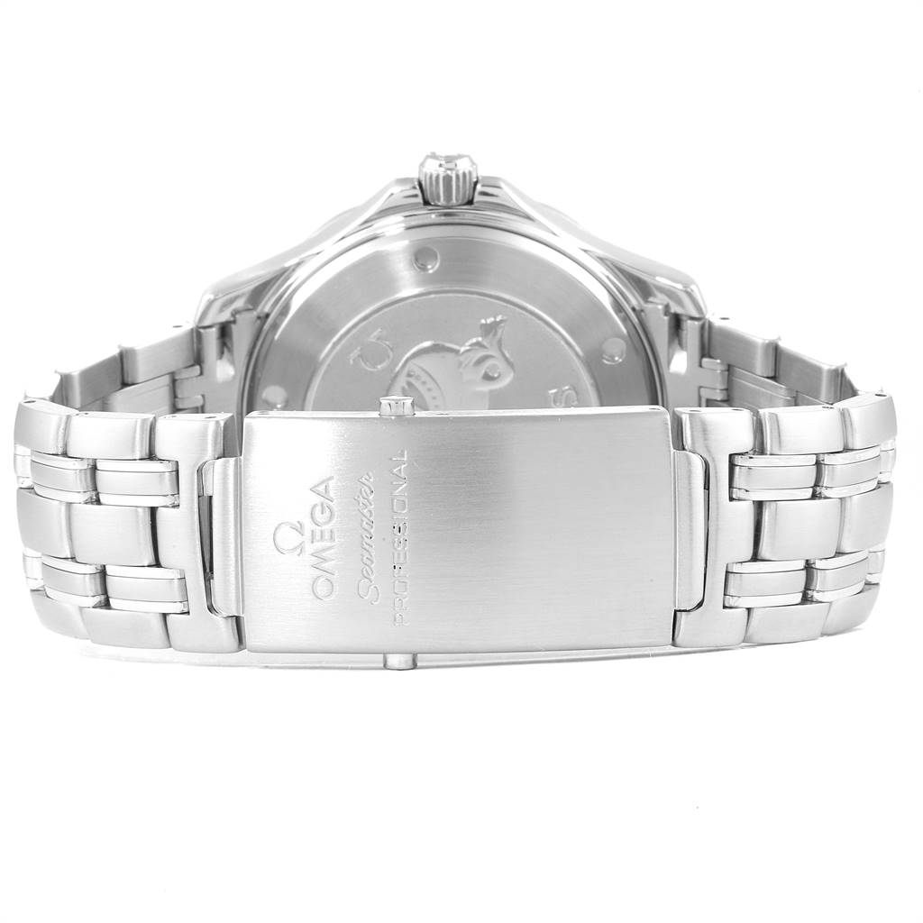 The Omega Seamaster 212.30.41.20.01.002 Men
s Stainless Steel Black Dial 212.30.41.20.01.002 Men
s Stainless Steel Black Dial watch is shown from the back, highlighting the clasp and case back.