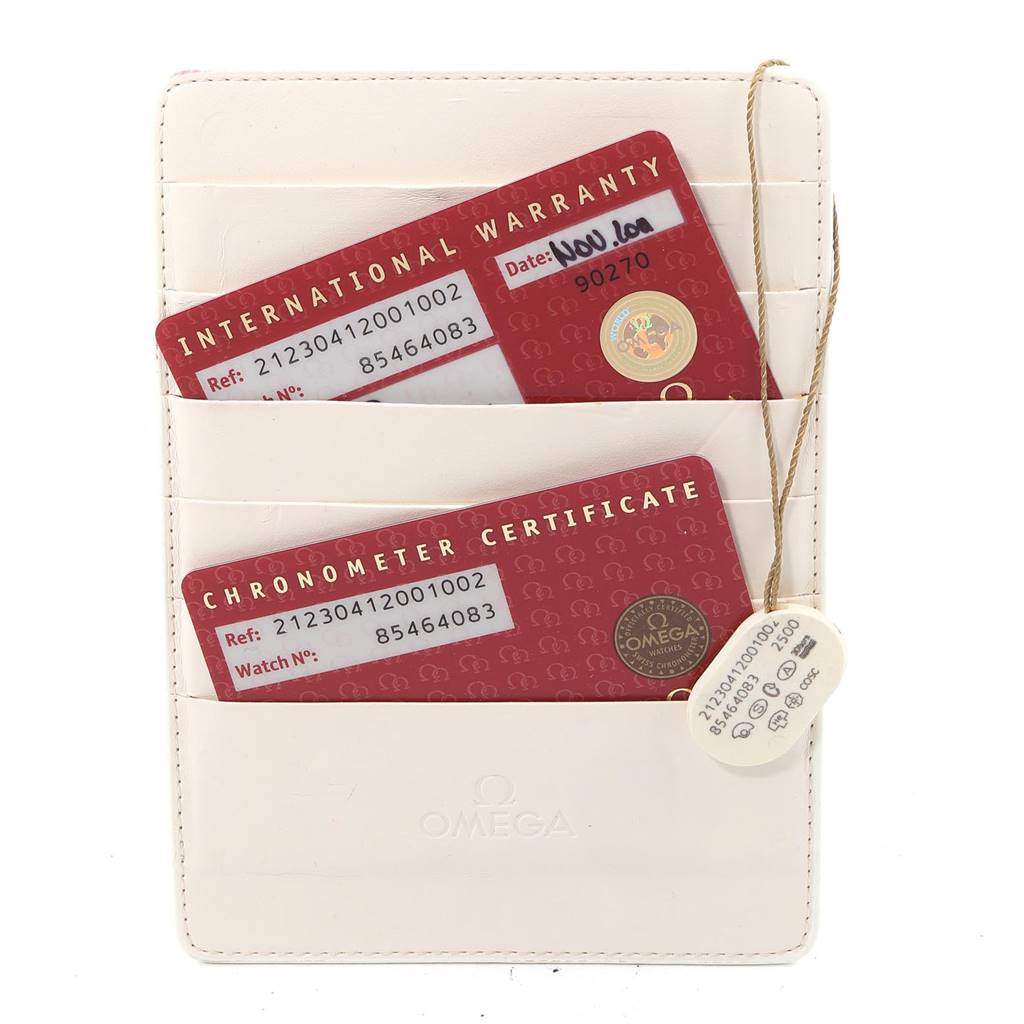 This image shows the warranty and chronometer certificate cards for an Omega Seamaster 212.30.41.20.01.002 Men
s Stainless Steel Black Dial 212.30.41.20.01.002 Men
s Stainless Steel Black Dial watch inside a white cardholder.