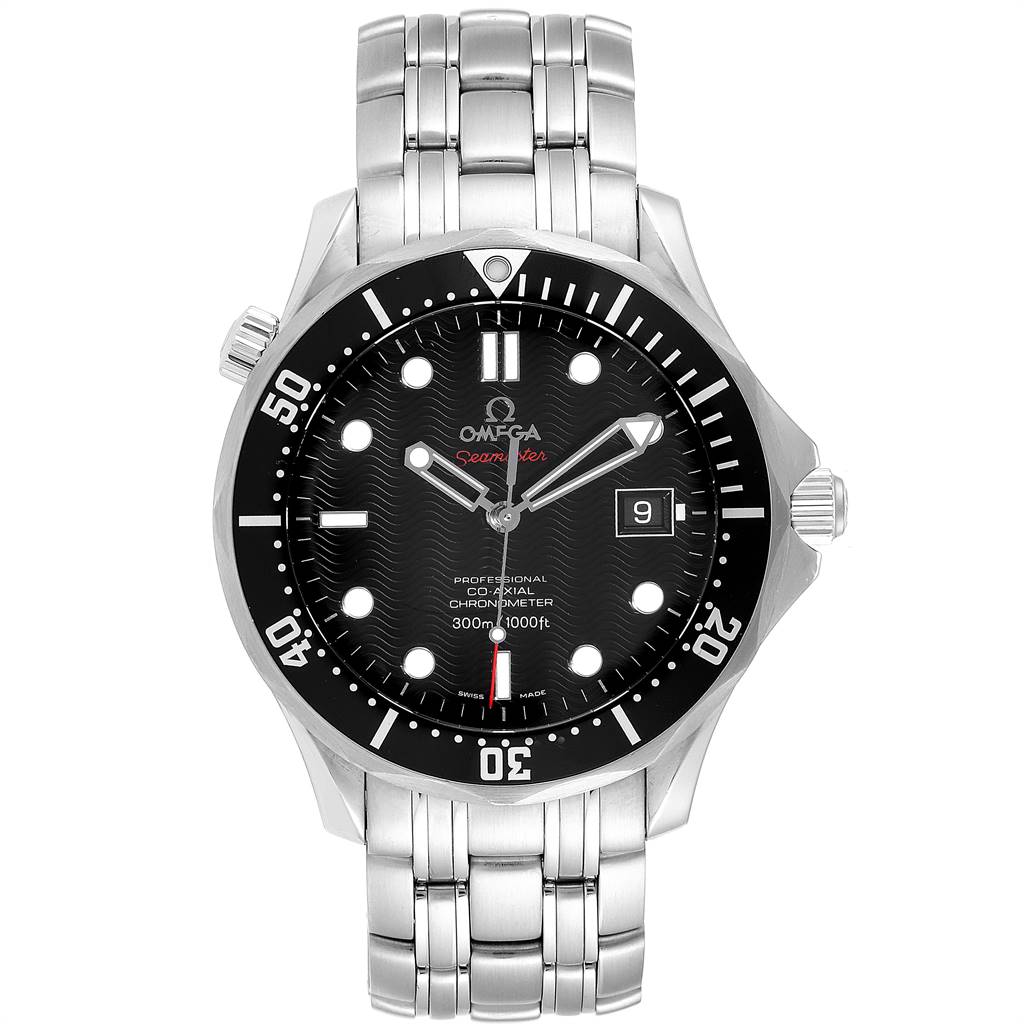 The Omega Seamaster 212.30.41.20.01.002 Men
s Stainless Steel Black Dial 212.30.41.20.01.002 Men
s Stainless Steel Black Dial watch is shown from the front, displaying its dial, bezel, and stainless steel bracelet.