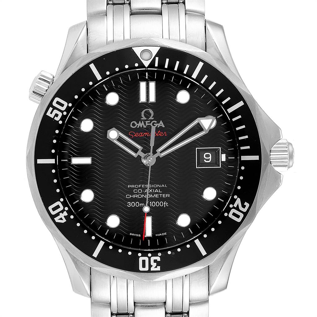 This Omega Seamaster 212.30.41.20.01.002 Men
s Stainless Steel Black Dial 212.30.41.20.01.002 Men
s Stainless Steel Black Dial watch is shown from a front angle, displaying the dial, bezel, and part of the metal bracelet.