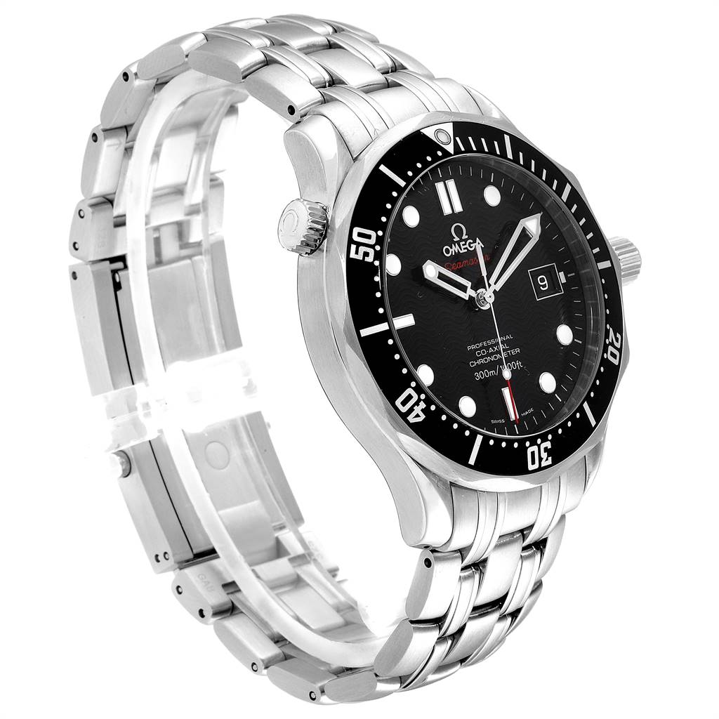 The Omega Seamaster 212.30.41.20.01.002 Men
s Stainless Steel Black Dial 212.30.41.20.01.002 Men
s Stainless Steel Black Dial watch is shown at a three-quarter angle, displaying the face, bezel, crown, and stainless steel bracelet.