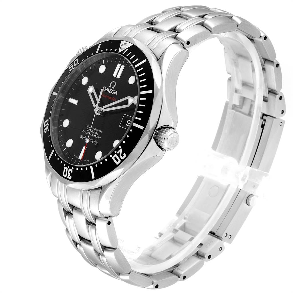 The image shows a side angle of the Omega Seamaster 212.30.41.20.01.002 Men
s Stainless Steel Black Dial 212.30.41.20.01.002 Men
s Stainless Steel Black Dial watch, featuring its bezel, dial, crown, and metal bracelet.