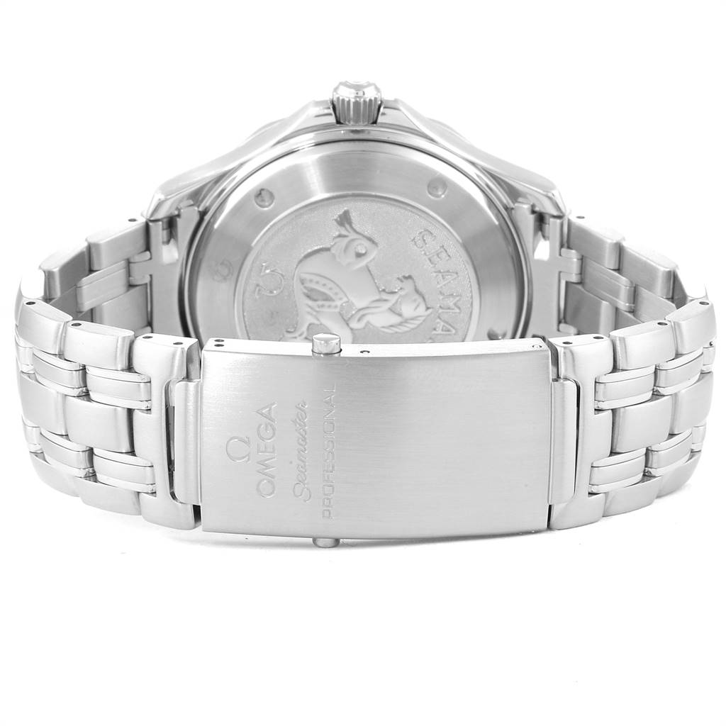 The image shows the back case and clasp of the Omega Seamaster 212.30.41.20.01.002 Men
s Stainless Steel Black Dial 212.30.41.20.01.002 Men
s Stainless Steel Black Dial watch, focusing on the stainless steel bracelet and engraved details.