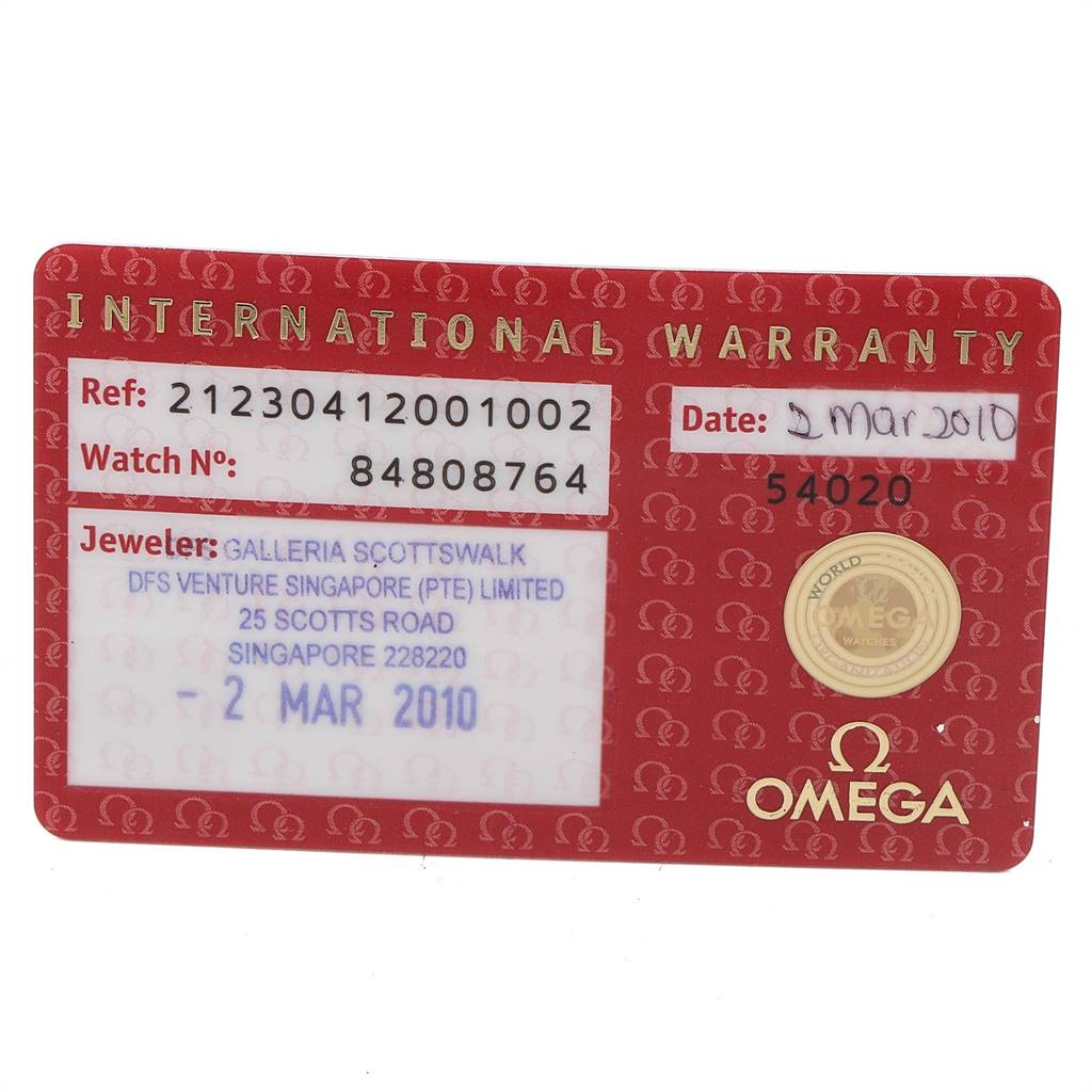 This image shows the international warranty card for the Omega Seamaster 212.30.41.20.01.002 Men
s Stainless Steel Black Dial 212.30.41.20.01.002 Men
s Stainless Steel Black Dial watch, featuring model details and purchase date.