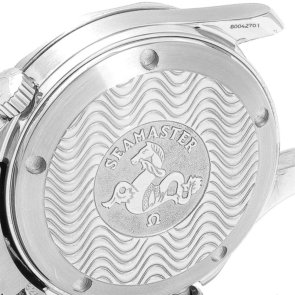 This image shows the back case of an Omega Seamaster 2252.50.00 Men
s Stainless Steel Black Dial 2252.50.00 Men
s Stainless Steel Black Dial watch, featuring the Seamaster logo and wave pattern design.