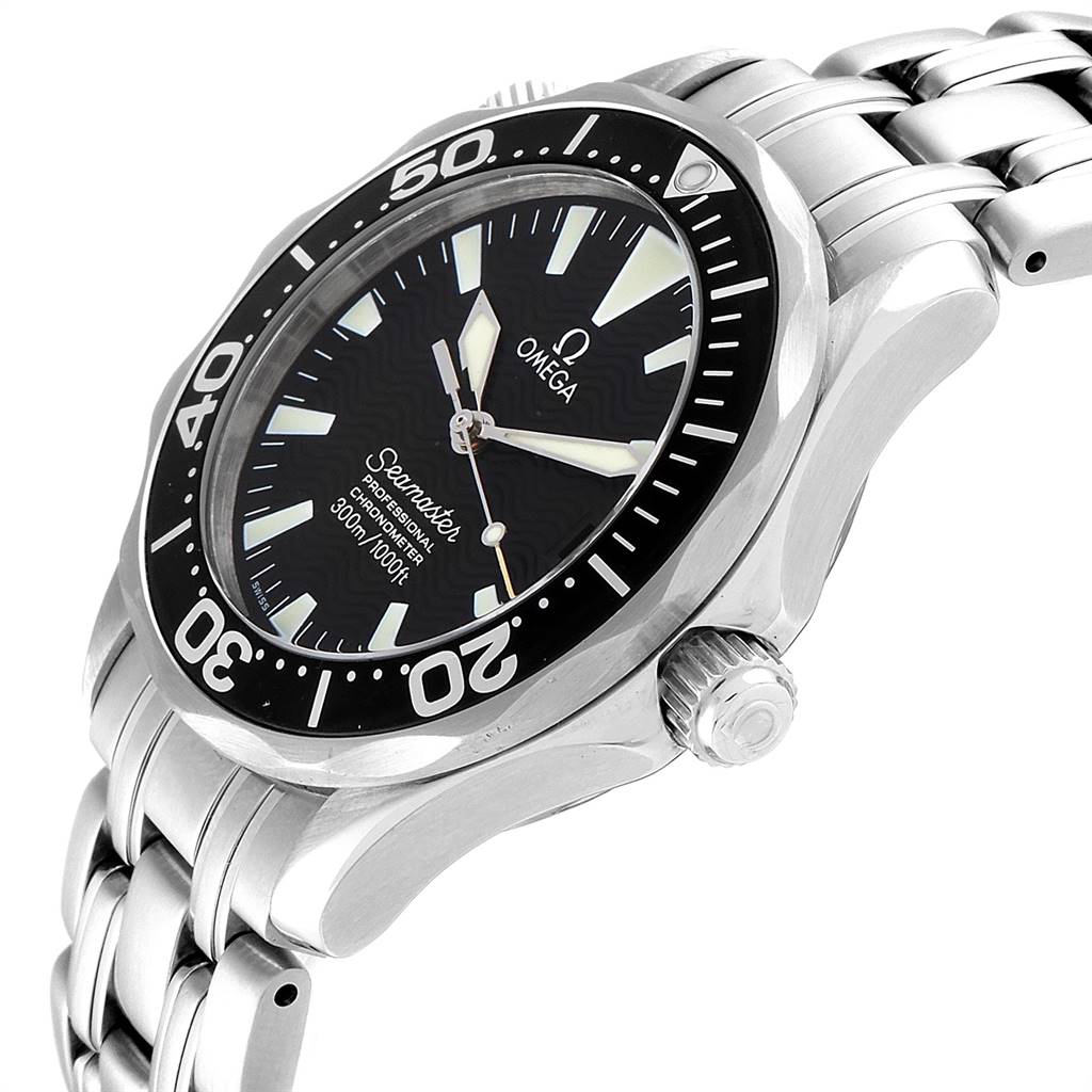 The Omega Seamaster 2252.50.00 Men
s Stainless Steel Black Dial 2252.50.00 Men
s Stainless Steel Black Dial watch is shown from a slightly tilted side angle, highlighting the black dial, bezel, and stainless steel bracelet.