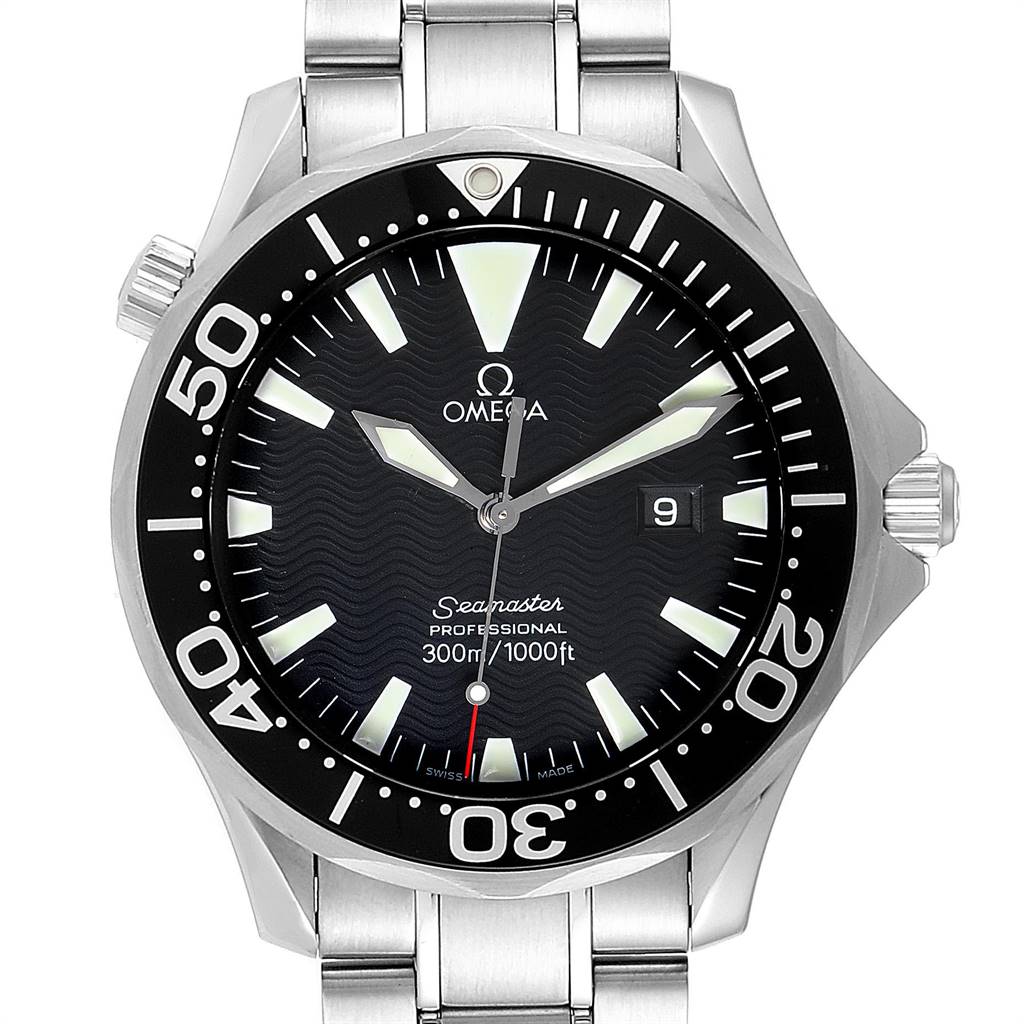 The image showcases the front view of the Omega Seamaster 2264.50.00 Men
s Stainless Steel Black Dial 2264.50.00 Men
s Stainless Steel Black Dial watch, highlighting its face, bezel, and part of the stainless steel bracelet.
