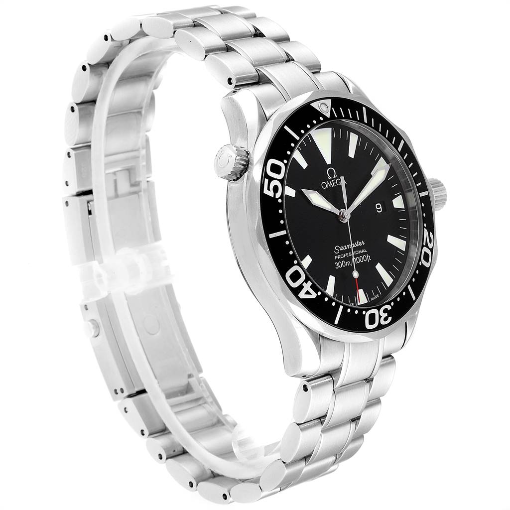 The image shows an angled side view of the Omega Seamaster 2264.50.00 Men
s Stainless Steel Black Dial 2264.50.00 Men
s Stainless Steel Black Dial watch, highlighting its bezel, dial, crown, and metal bracelet.
