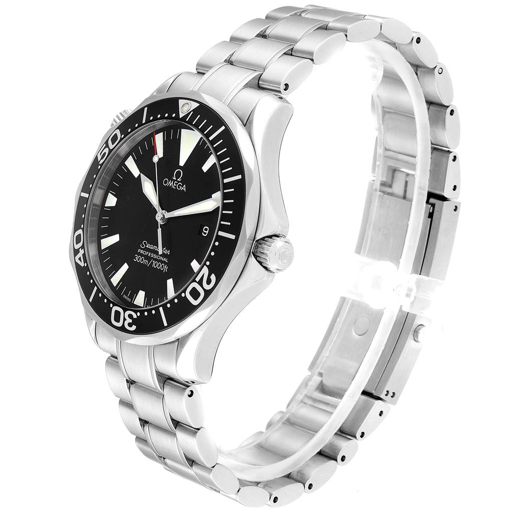 The image shows a side view of the Omega Seamaster 2264.50.00 Men
s Stainless Steel Black Dial 2264.50.00 Men
s Stainless Steel Black Dial watch, highlighting its stainless steel bracelet and black dial.