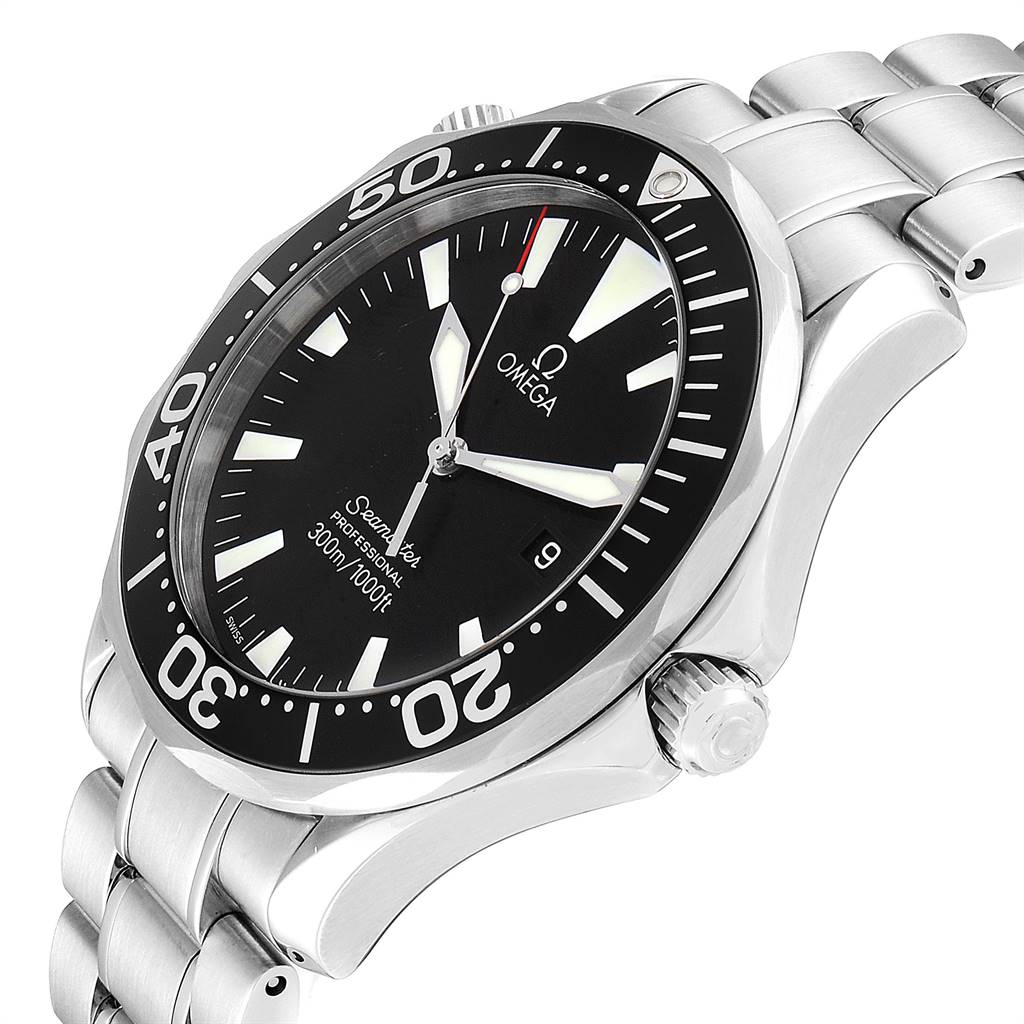 The image shows an angled view of the Omega Seamaster 2264.50.00 Men
s Stainless Steel Black Dial 2264.50.00 Men
s Stainless Steel Black Dial watch, highlighting its black dial, bezel, crown, and stainless steel bracelet.