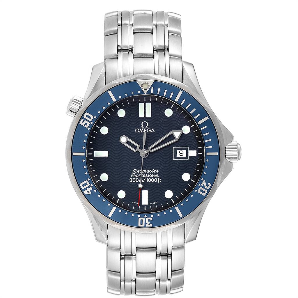 The image shows a front view of the Omega Seamaster 2541.80.00 Men
s Stainless Steel Blue Dial 2541.80.00 Men
s Stainless Steel Blue Dial watch with its face and metal bracelet clearly visible.