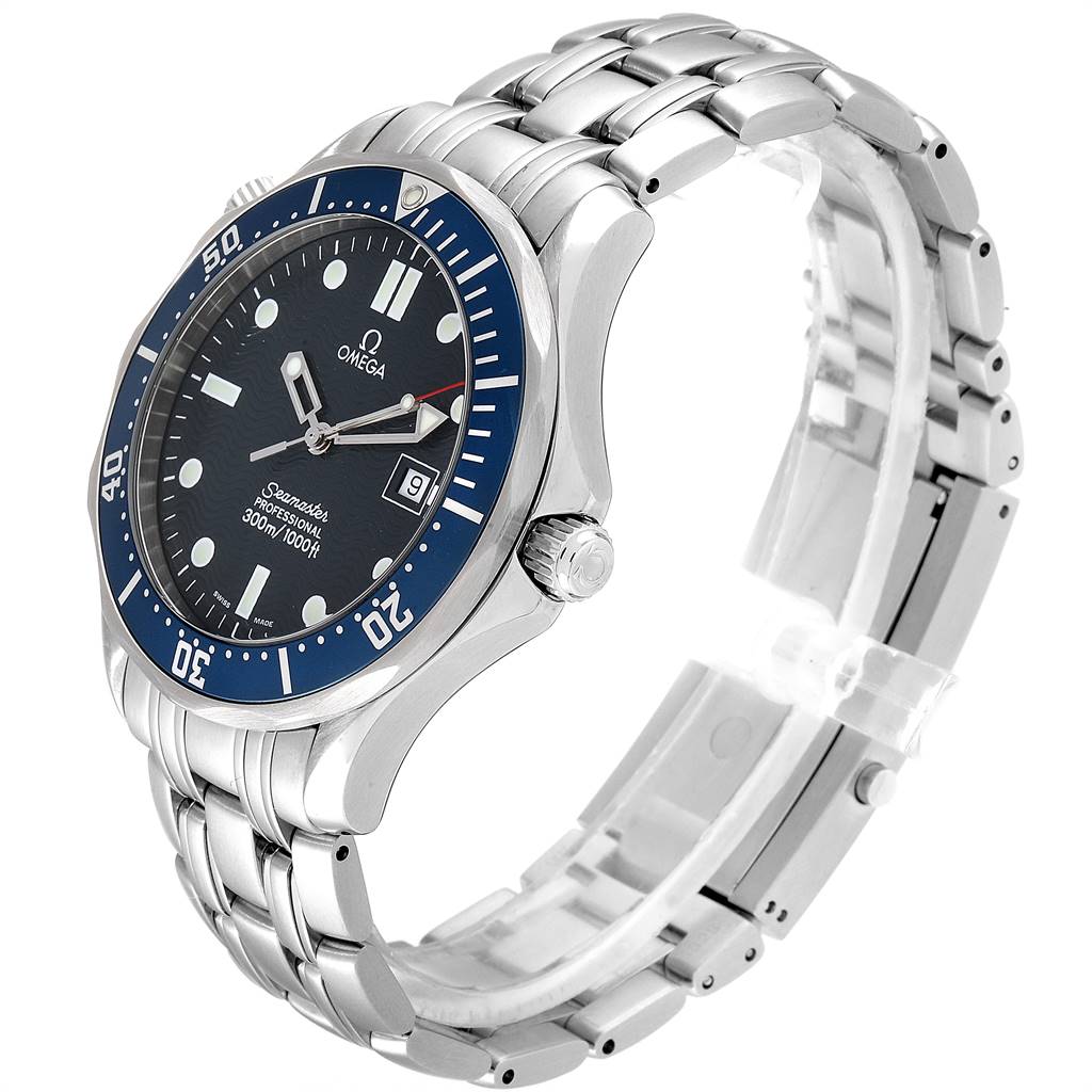 The image shows a side angle of the Omega Seamaster 2541.80.00 Men
s Stainless Steel Blue Dial 2541.80.00 Men
s Stainless Steel Blue Dial watch, focusing on its bezel, dial, crown, and metal bracelet.