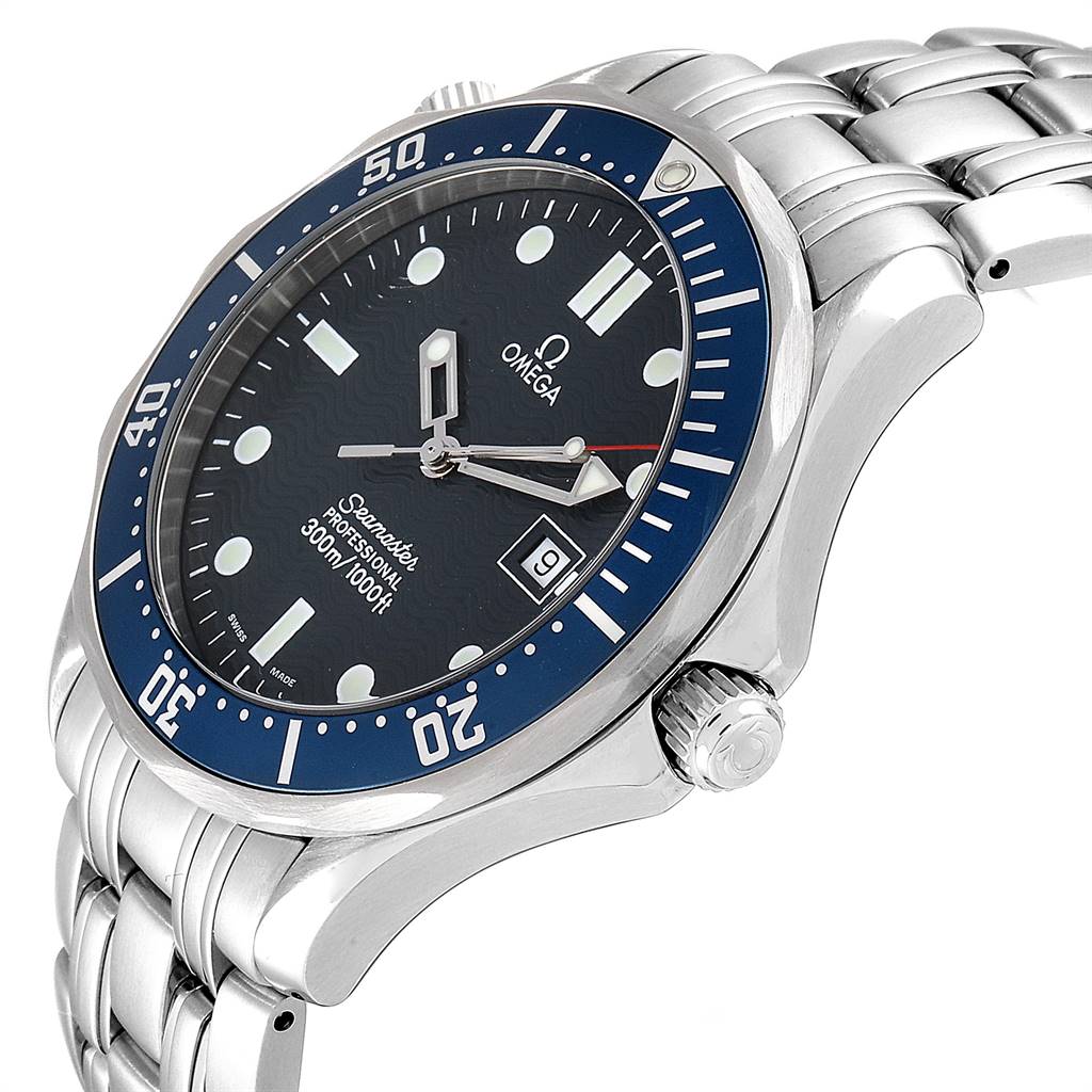 This Omega Seamaster 2541.80.00 Men
s Stainless Steel Blue Dial 2541.80.00 Men
s Stainless Steel Blue Dial watch is shown at an angle highlighting the face, bezel, crown, and part of the bracelet.