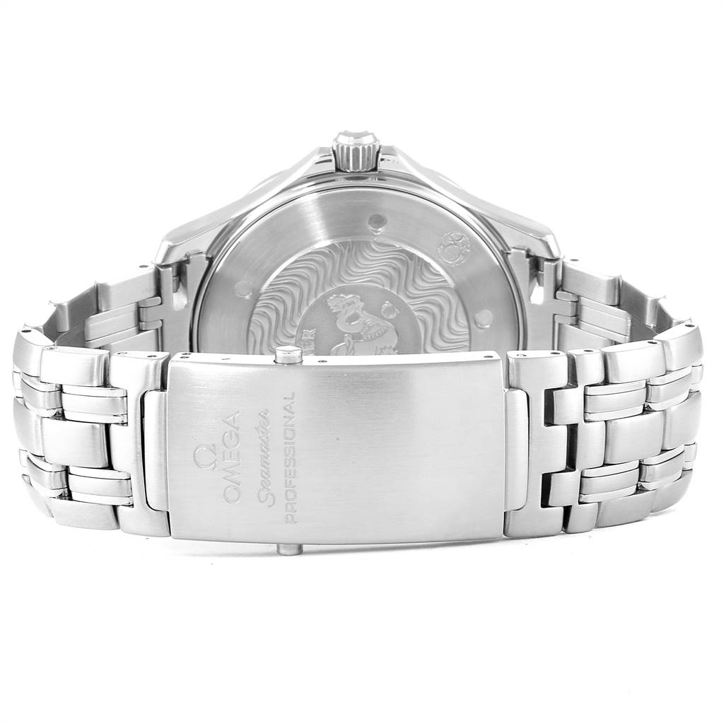 The image shows the case back and clasp of an Omega Seamaster 2541.80.00 Men
s Stainless Steel Blue Dial 2541.80.00 Men
s Stainless Steel Blue Dial watch from a rear angle.