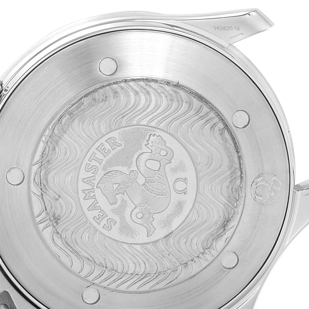 The image shows the case back of an Omega Seamaster 2541.80.00 Men
s Stainless Steel Blue Dial 2541.80.00 Men
s Stainless Steel Blue Dial watch, featuring the engraved Seamaster emblem and wave pattern.
