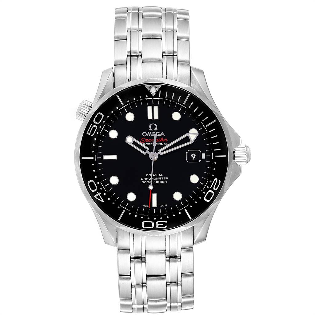 The image shows a front-facing view of an Omega Seamaster 212.30.41.20.01.003 Men
s Stainless Steel Black Dial 212.30.41.20.01.003 Men
s Stainless Steel Black Dial watch, highlighting the dial, bezel, hands, and metal bracelet.