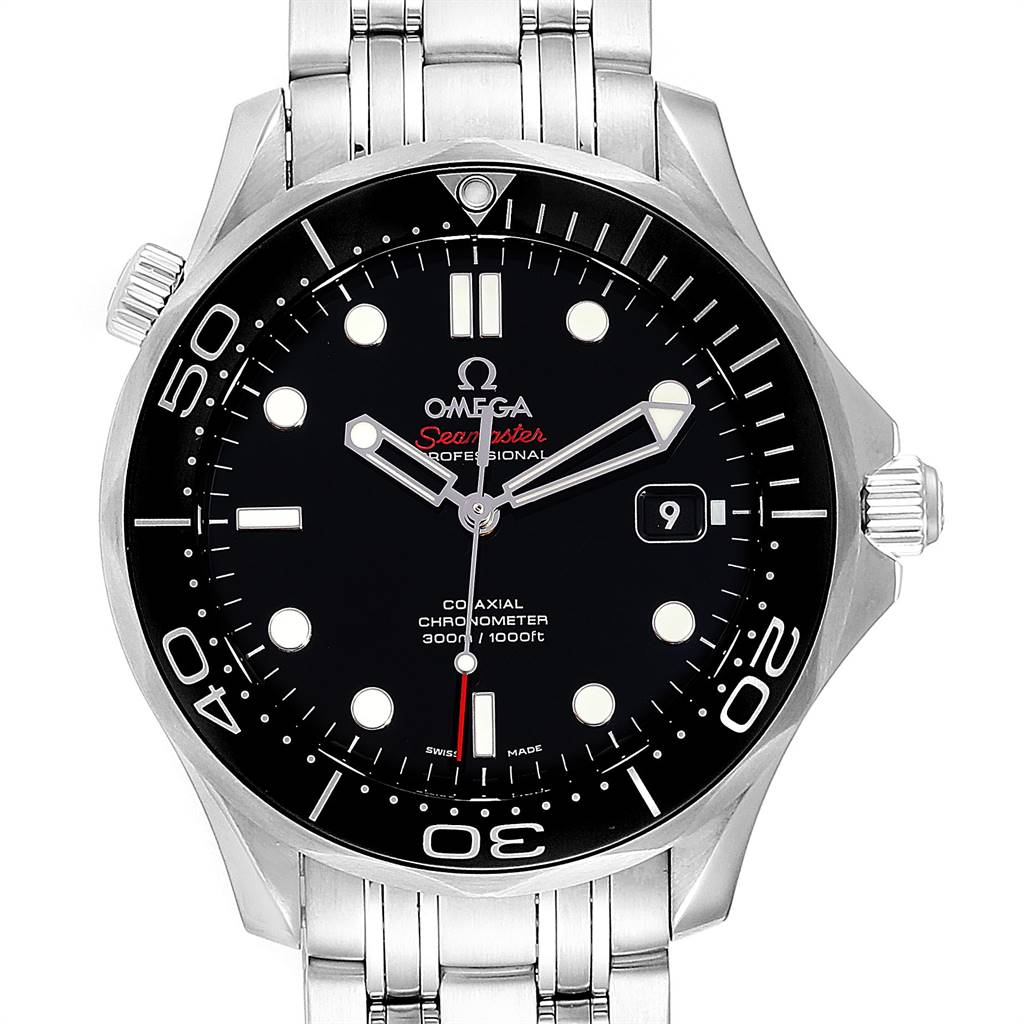 The image shows a front view of an Omega Seamaster 212.30.41.20.01.003 Men
s Stainless Steel Black Dial 212.30.41.20.01.003 Men
s Stainless Steel Black Dial watch, highlighting the dial, bezel, and part of the bracelet.