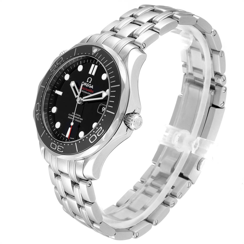 The image shows an Omega Seamaster 212.30.41.20.01.003 Men
s Stainless Steel Black Dial 212.30.41.20.01.003 Men
s Stainless Steel Black Dial watch at a slight side angle, displaying its bezel, dial, crown, and metal bracelet.