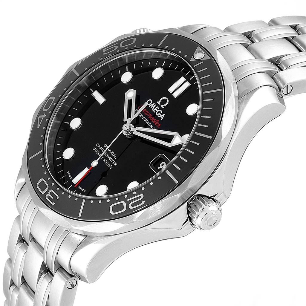 The image shows a close-up, angled view of the Omega Seamaster 212.30.41.20.01.003 Men
s Stainless Steel Black Dial 212.30.41.20.01.003 Men
s Stainless Steel Black Dial watch, highlighting its dial, bezel, and part of the bracelet.