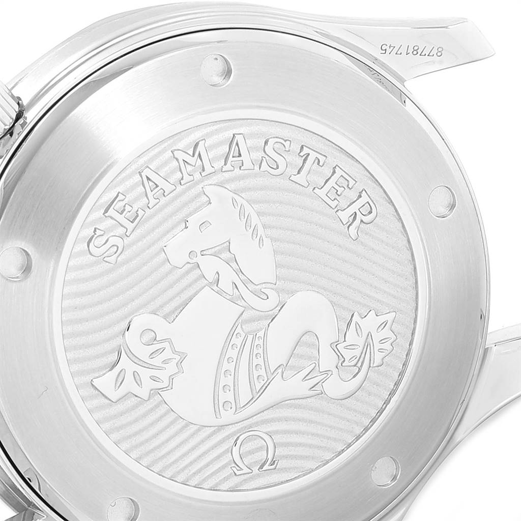 This image shows the case back of the Omega Seamaster 212.30.41.20.01.003 Men
s Stainless Steel Black Dial 212.30.41.20.01.003 Men
s Stainless Steel Black Dial watch, featuring embossed detailing and branding.