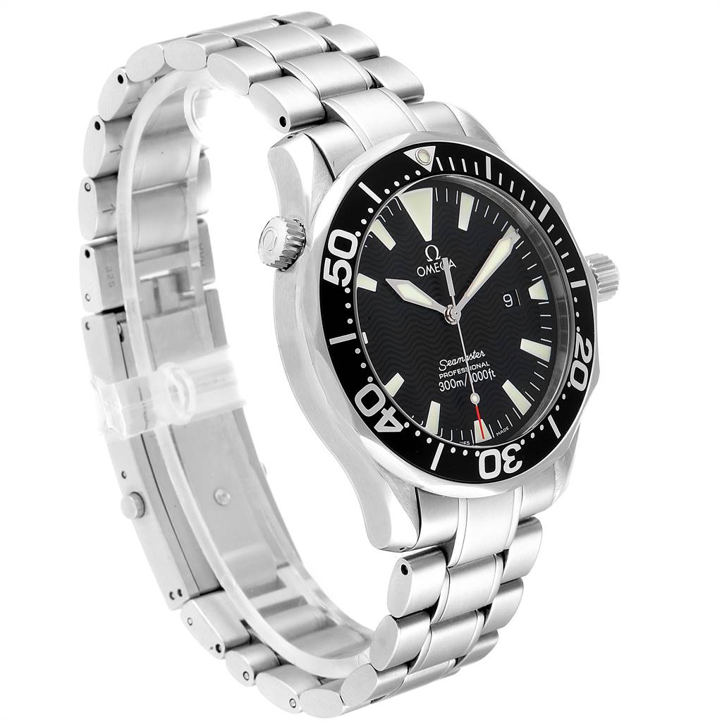 The Omega Seamaster 2264.50.00 Men
s Stainless Steel Black Dial 2264.50.00 Men
s Stainless Steel Black Dial watch is shown from a slight side angle, highlighting its face, bezel, crown, and metal bracelet.