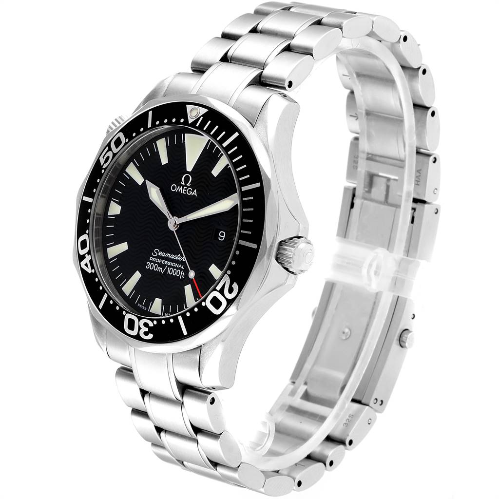 The image shows a side and slightly angled view of the Omega Seamaster 2264.50.00 Men
s Stainless Steel Black Dial 2264.50.00 Men
s Stainless Steel Black Dial watch, highlighting the dial, bezel, and bracelet.