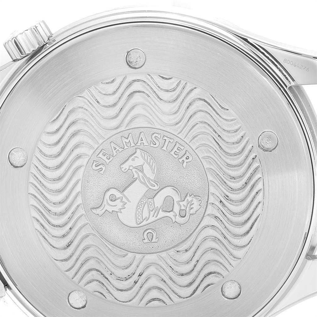 The image shows the back case of an Omega Seamaster 2254.50.00 Men
s Stainless Steel Black Dial 2254.50.00 Men
s Stainless Steel Black Dial watch, featuring its engraved logo and decorative wave pattern.