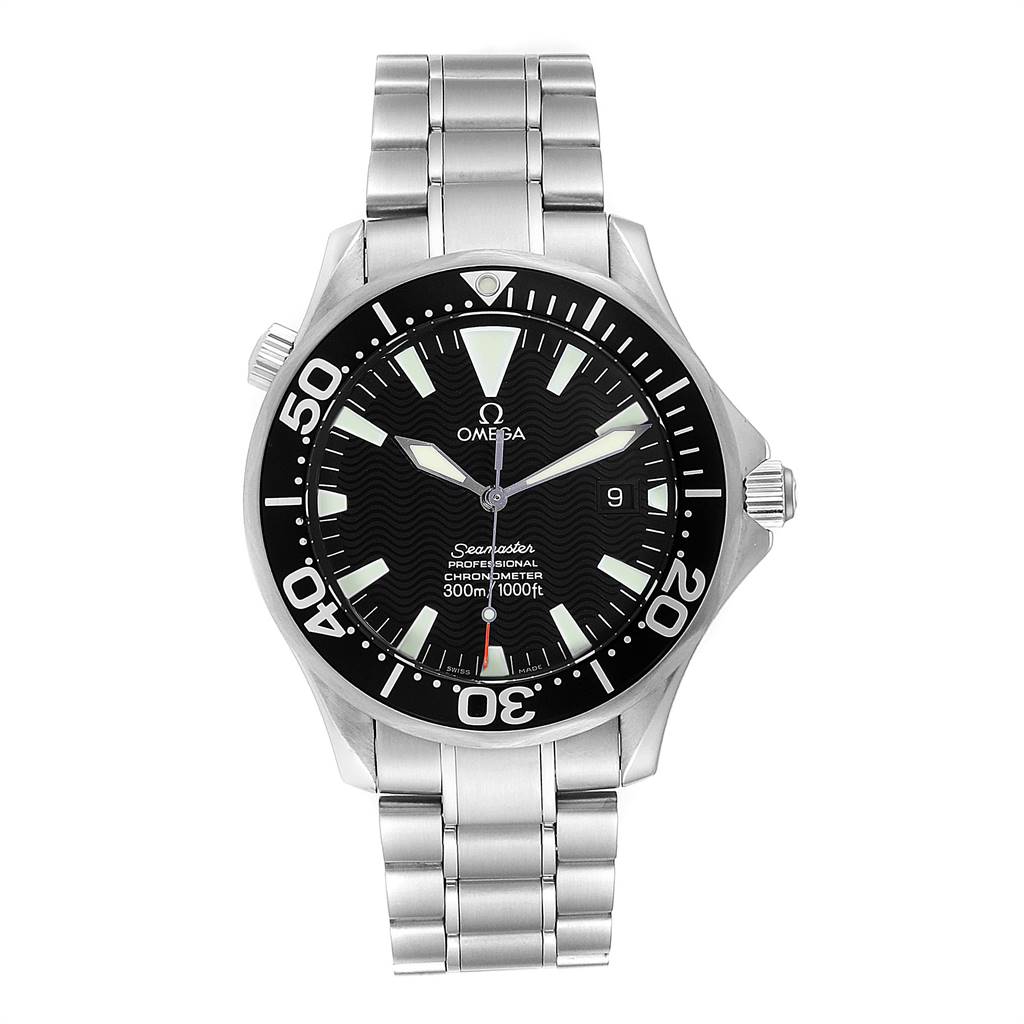 The image shows an Omega Seamaster 2254.50.00 Men
s Stainless Steel Black Dial 2254.50.00 Men
s Stainless Steel Black Dial model watch from a front angle, displaying the dial, case, bezel, and bracelet.