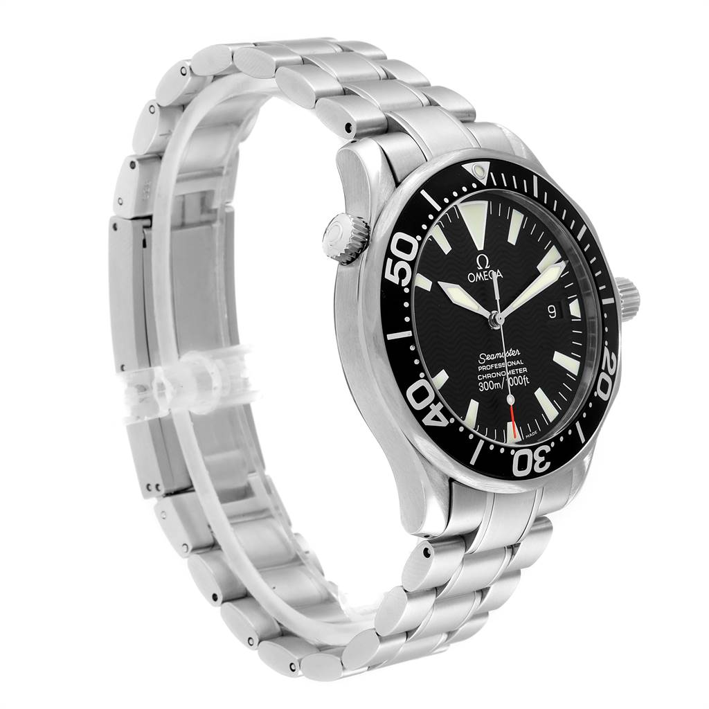 The Omega Seamaster 2254.50.00 Men
s Stainless Steel Black Dial 2254.50.00 Men
s Stainless Steel Black Dial watch is shown at an angle displaying its face, bezel, and bracelet from the side.