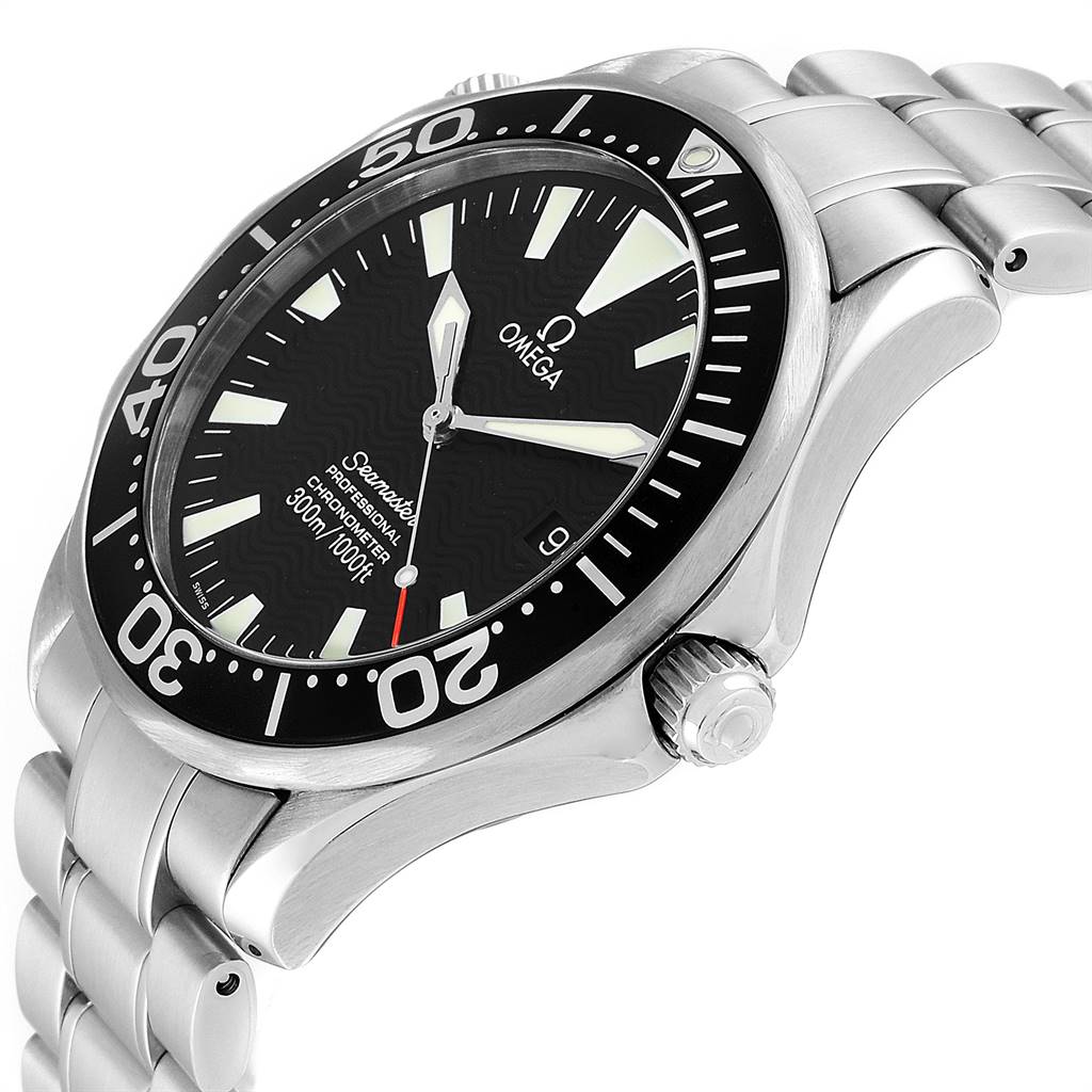The image shows an Omega Seamaster 2254.50.00 Men
s Stainless Steel Black Dial 2254.50.00 Men
s Stainless Steel Black Dial watch at an angled view, highlighting the bezel, dial, crown, and part of the bracelet.