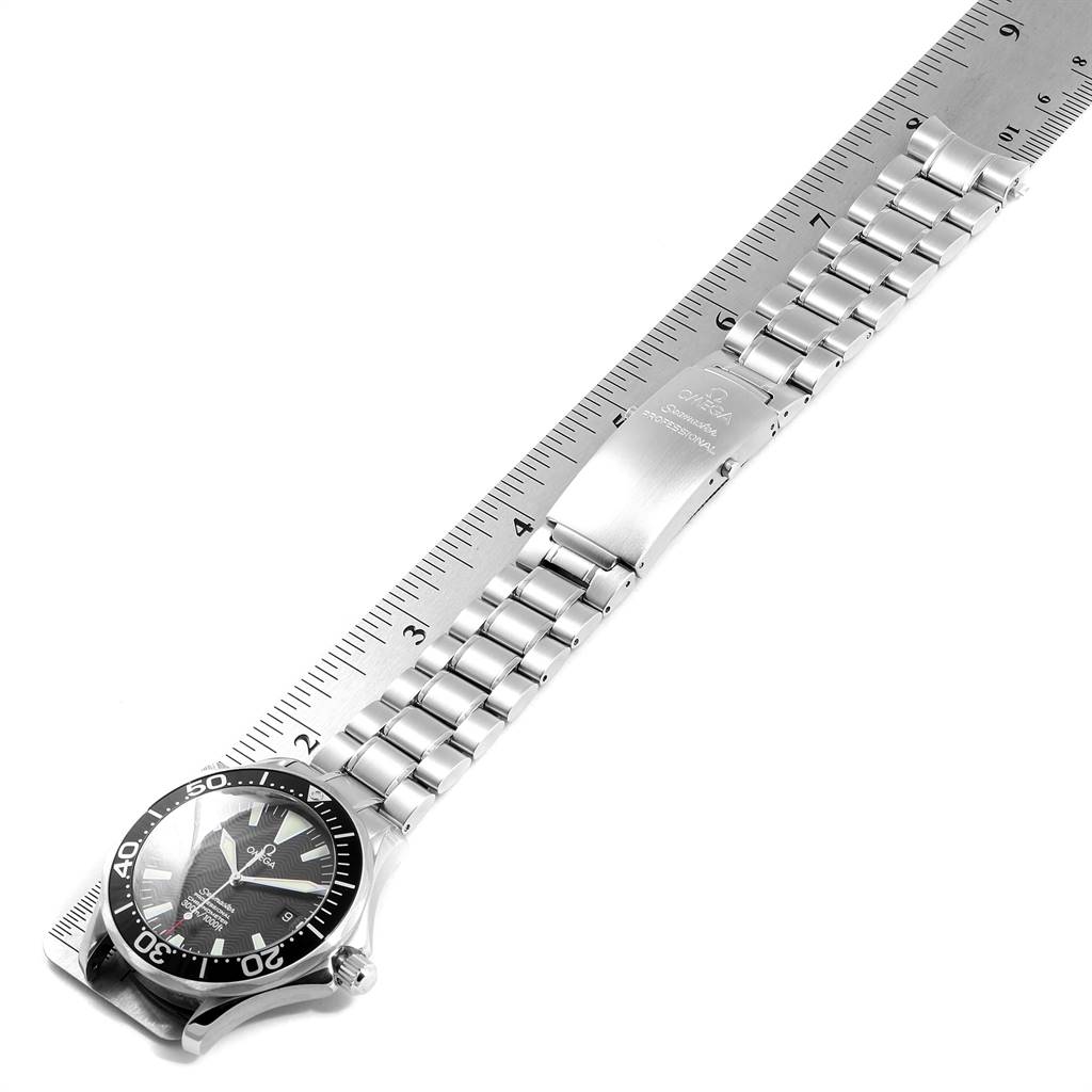 The Omega Seamaster 2254.50.00 Men
s Stainless Steel Black Dial 2254.50.00 Men
s Stainless Steel Black Dial watch is shown from a top-down angle, displaying the watch face, bracelet, and clasp.