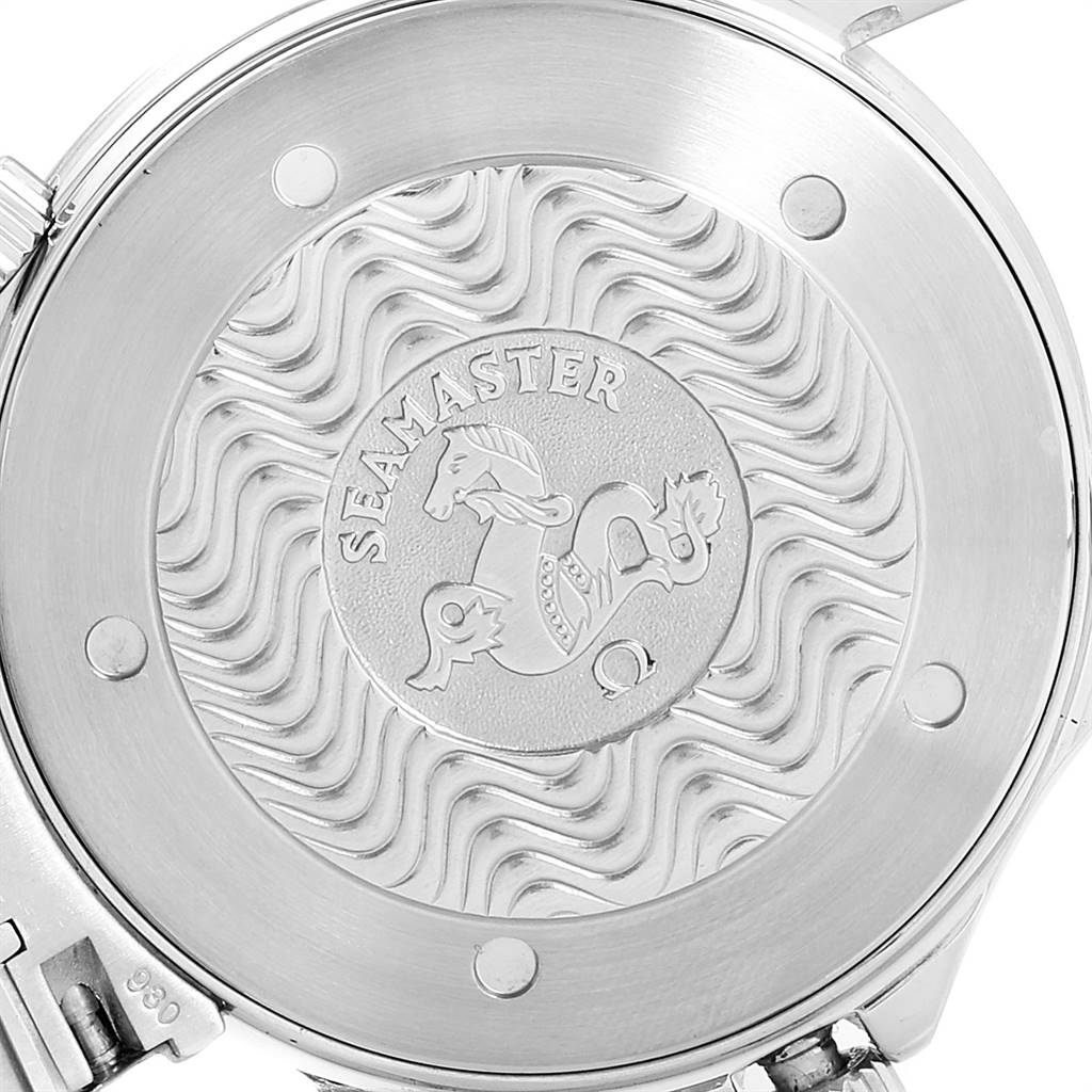 The image shows the case back of the Omega Seamaster 2254.50.00 Men
s Stainless Steel Black Dial 2254.50.00 Men
s Stainless Steel Black Dial watch, revealing its engraved design.