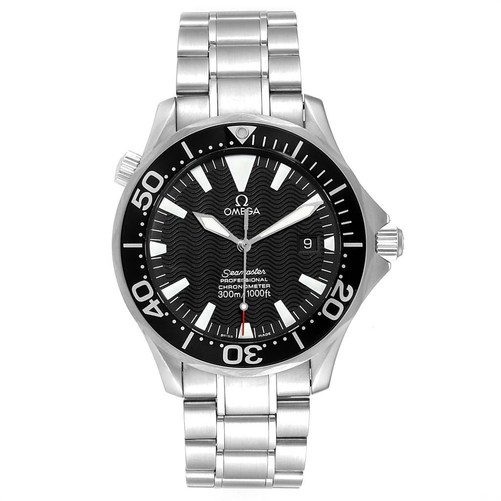 The image shows a front view of an Omega Seamaster 2254.50.00 Men
s Stainless Steel Black Dial 2254.50.00 Men
s Stainless Steel Black Dial watch, including the dial, bezel, crown, and metal bracelet.