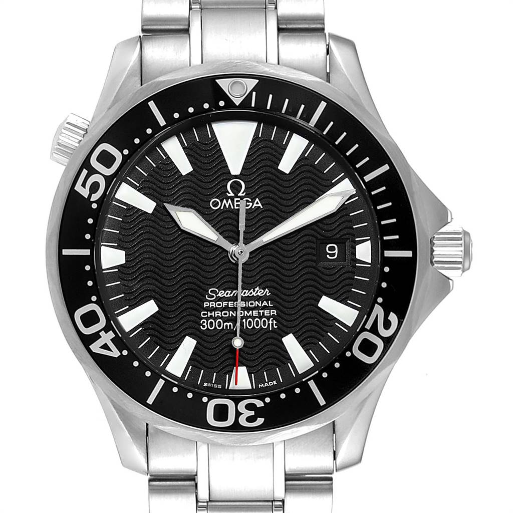 The image shows a front view of the Omega Seamaster 2254.50.00 Men
s Stainless Steel Black Dial 2254.50.00 Men
s Stainless Steel Black Dial watch, highlighting the face, bezel, and part of the bracelet.