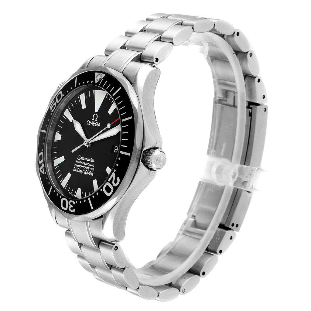 The image shows a side angle of an Omega Seamaster 2254.50.00 Men
s Stainless Steel Black Dial 2254.50.00 Men
s Stainless Steel Black Dial watch, displaying the face, bezel, crown, and stainless steel bracelet.