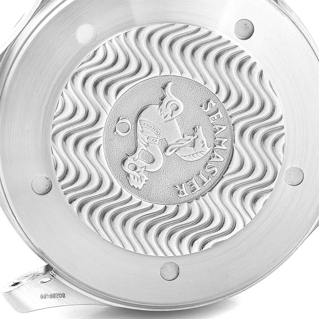 This image shows a close-up of the stainless steel case back of the Omega Seamaster 2538.20.00 Men's Stainless Steel White Dial 2538.20.00 Men's Stainless Steel White Dial watch, featuring its embossed design and branding.