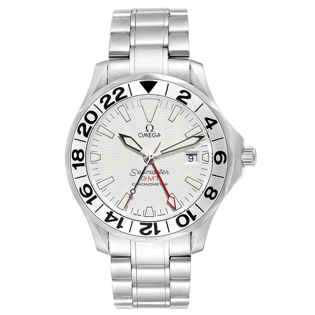 The image shows a front view of an Omega Seamaster 2538.20.00 Men's Stainless Steel White Dial 2538.20.00 Men's Stainless Steel White Dial GMT watch, including the dial, bezel, and metal bracelet.