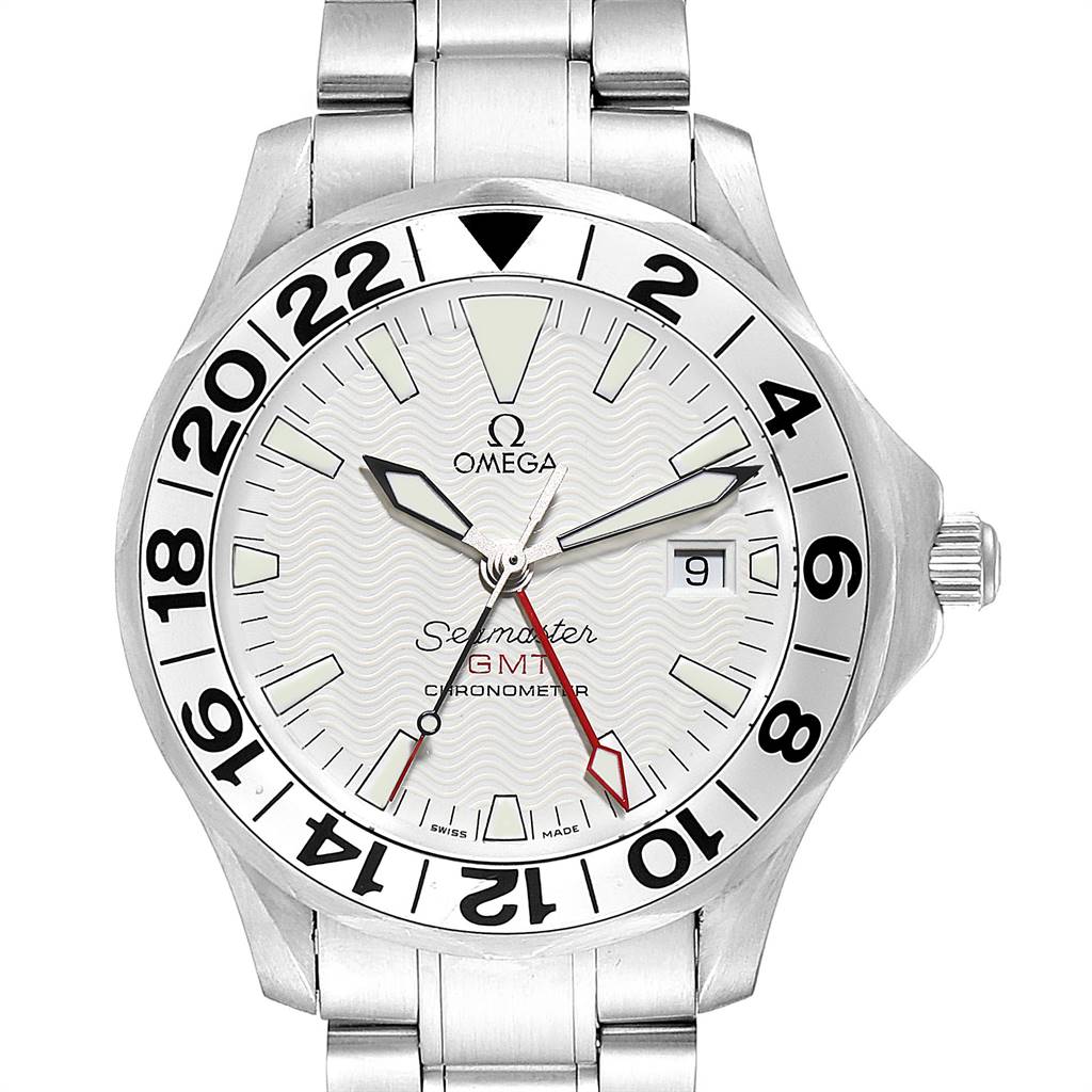 This image shows a front view of an Omega Seamaster 2538.20.00 Men's Stainless Steel White Dial 2538.20.00 Men's Stainless Steel White Dial GMT watch, highlighting its face, bezel, hands, and part of the bracelet.