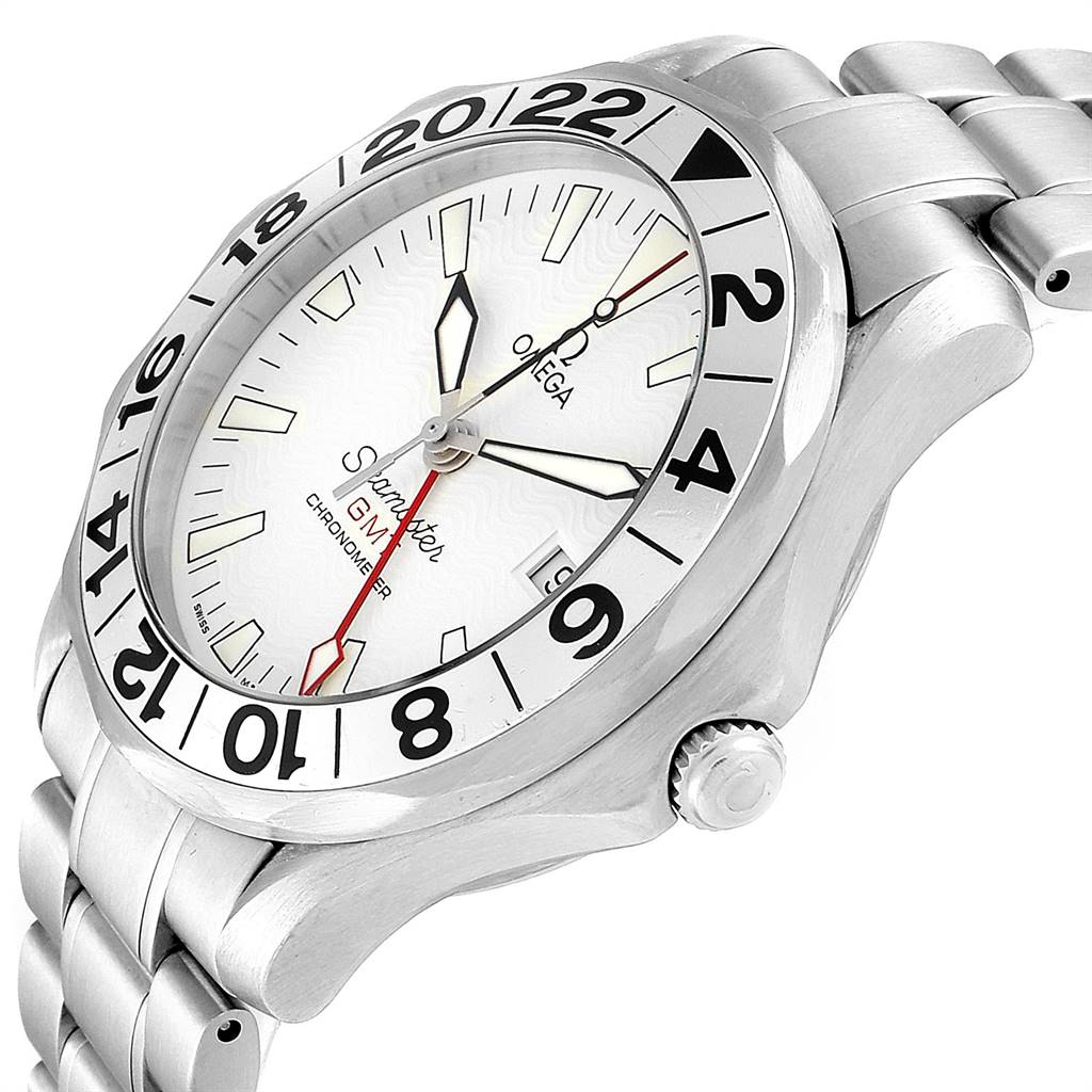 The Omega Seamaster 2538.20.00 Men's Stainless Steel White Dial 2538.20.00 Men's Stainless Steel White Dial GMX is shown from a front-side angle, highlighting its bezel, dial, and part of the bracelet.